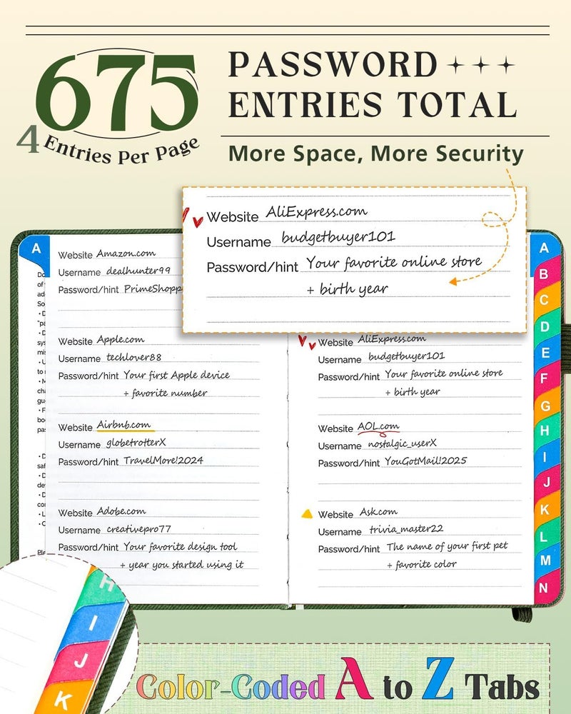 hi!SCI Password Keeper Book with Colorful Alphabetical Tabs, Small Pocket Password Logbook for Seniors, 4.7 x 6.2" Internet Website Address Organizer, Stores 675 Passwords (Sage Green) - Image 2